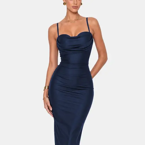 CurvySweet Women's Midi Dress - Knitting Fitted Spaghetti Strap Backless Ruched Bodycon, Elastane Formal Gown for Wedding Guest, Date Night, Chic Going Out Outfit, m