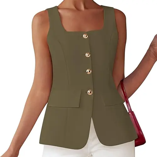 BTFBM Womens Sleeveless Vests Dressy Casual Square Neck Business Work Waistcoat Summer Button Up Blazer Vest Tops