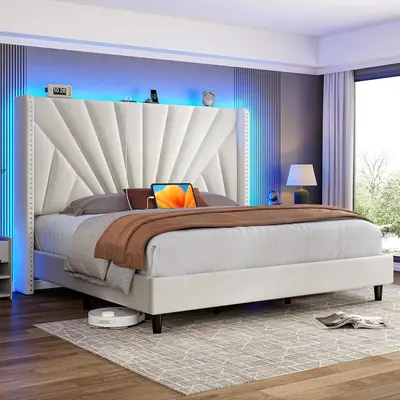 【Summerwins】Raybee Sturdy Solid Wood Queen/King Size Bed Frame with 51" Velvet Upholstered Headboard, up to 900 LBS Foundation,Headboard with Charging Station & LED Lights, Wingback Headboard, No Box Spring Needed, Noise-Free,Easy Assembly