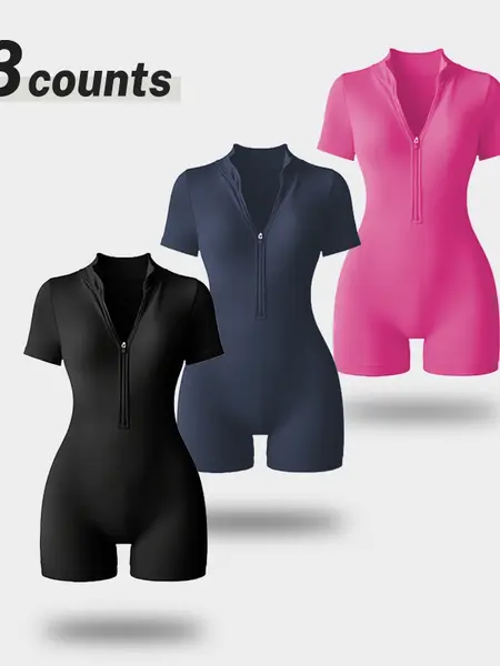 Tummy Control Workout Jumpsuit for Women, High-Stretch Half-Zip Short Romper, Slimming Activewear for Yoga, Gym, Tummy Control Jumpsuit, Rompers For Women, Jumpsuits For Women tiktokshopbacktoschool,back to school,back to school haul,sohochic