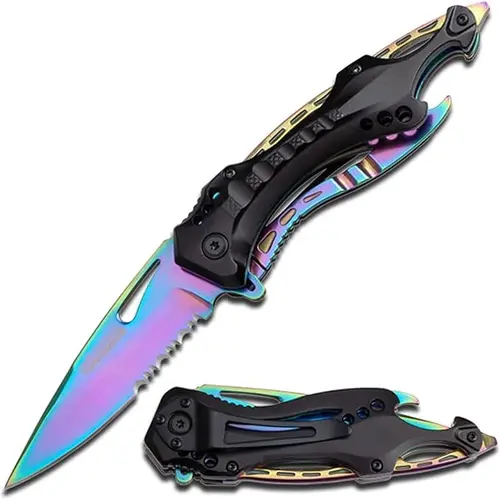 Tac-Force TF-705RB Compact Folding Pocket Knife - Survival Gear Equipment, High Durability, 3.25-in Serrated Blade, Black Aluminum Handle, 7.75-in Overall Length, Screwdriver, Outdoor Gear for Camping, Bushcrafting, Fishing