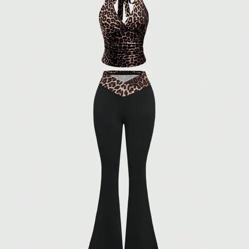 Two-piece Set Women's Leopard Print Halter Top & Flare Leg Pants, Casual Top for Daily Outdoor Wear, Ladies Summer Clothes, Casual Loungewear Set, Two Pieces Sets