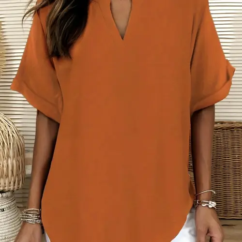 [Plus Size] Solid Color Notched Neck Blouse, Plain Blouse, Shirts for Lady, Basic Short Sleeve Top for Summer, Women's Clothing for Daily Wear, Casual Chic Top