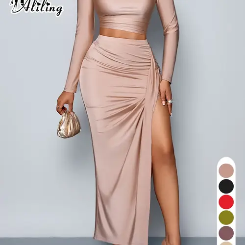 Aliling Two-Piece Set Women's Solid Long Sleeve Crop Top & Ruched Split High Waist Skirt, Elegant Chic Fashion for Female Outdoor Wear, Autumn Women Clothing