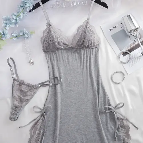 Women's Solid Color Lace Trim Sleeveless & Thong Sexy Sleepwear Two-Piece Set, Soft Comfortable Nighty Dress & Panty Set, Women's Sleepwear for All Seasons, Nightwear Loungewear, Loungewear, Womenswear, Elegant Sleep Dress