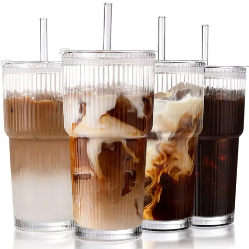 DWTS Danweitesi 20oz Spill proof glass tumbler set of 2/4 Ribbed Iced Coffee Cups iced coffee to go cup set, glass cups with lids and straws for Smoothie, Matcha, Juice, Water etc. Car-Friendly