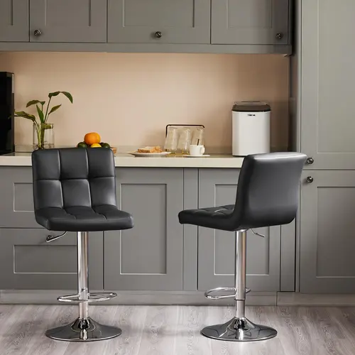 Modern Black PU Leather 2-Piece Armless Adjustable Height Swivel Barstool Set - Ergonomic Hydraulic Lift Bar-Height Adjust Chairs with Rolling Casters, 16x19 in, Ideal for Home Bar, Kitchen Indoor Use