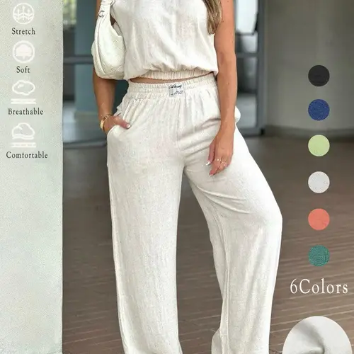 Women's 2-Piece Solid Color Sleeveless Tank Top & Wide Leg Pants Set, Womenswear Matching Casual Fashion Vibe Breathable Elastic Adjustable Outfit for Daily Outdoor Wear, Ladies Clothes for Summer