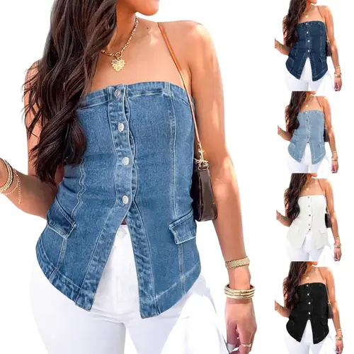 Imily Bela Womens Strapless Denim Vest Summer Button Down Jean Tube Tops Y2k Going Out Fitted Bandeau Shirts Waistcoat