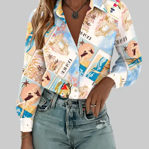 Zeagoo Womens Button Down Shirts Printed Long Sleeve Blouse Chic Collared Fitted Casual Tops Soft Fabric Feminine Patterned Blouse for Work Office Vacation - Womenswear, Shirts