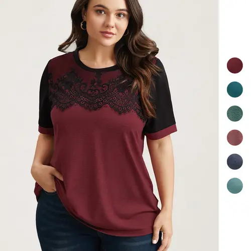 BLOOMCHIC Plus Size Women's Russet Spandex Patchwork Scalloped Lace Short-Sleeve Round Neck T-Shirt - Comfy Casual, Regular Fit, Elegant Stretchy Top with Lace-Edge Charm, 2026 Summer Style [M-6X]