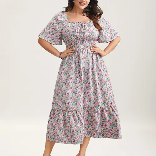 BloomChic Women's Plus Size Elegant Bohemian Multicolor Ditsy Floral Maxi Dress - Short Ruffle Sleeves, Square Neck, Smocked Waist, Pockets, Frill, Casual Chic Outfit, Curvy Clothing, Curvy Dresses Plus Size, Floral Print Charm，SohoChic