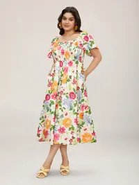 BloomChic Plus Size Bohemian Floral Midi Casual Women's Dress - Square Neck, Short Sleeve Ruffle Sleeve Flair, Shirred Waist, Low-Iron Spandex-Elastane-Polyester Fabric, Summer Boho Clothes