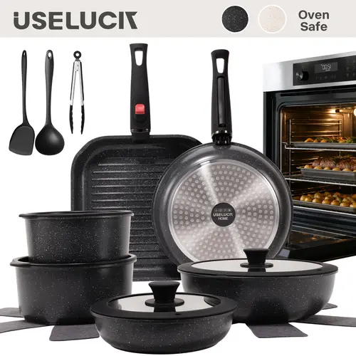 USELUCK 22-Pc Non-Stick Ceramic Cooking Set, Aluminium Kitchen Supplies with Handles, PFOA/PFOS-Free Cream White Granite Cookware, Induction-Ready for Modern Stovetops, Glass Lids & Crepe Frying Pan, Pots And Pans Set