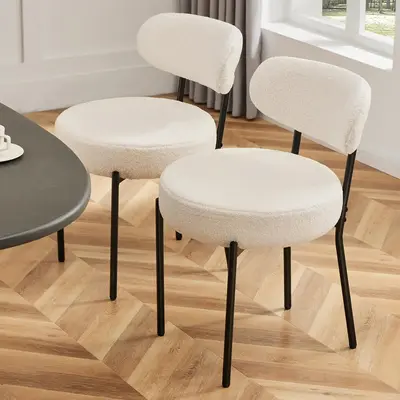 Sweetcrispy 2-Piece Comfy Boucle Fabric Dining Chair Sets, Mid-Century Modern Minimalist Indoor Furniture Chairs with Curved Backrest, Metal Legs, Adjusts to Uneven Floors for Kitchen & Dining Room