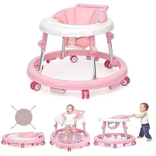 Unisex Foldable Baby Walker & Activity Center - 9 Adjustable Heights, Portable Anti-Rollover Design, Silent Wheels, PP & Aluminum Construction, Seat Included - Baby Furniture for 7-18 Months Toddlers,sohochic, Quiet Floor Glide,sohochic