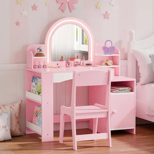 Topwin Modern Pink & White Vanity Desk Set with Lighted Mirror and Chair | Storage Shelves | Makeup Table with Drawer