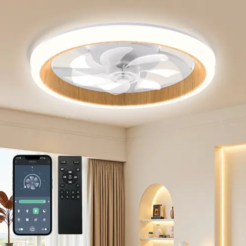 VALLERICO 18.9" Wood Grain Ceiling Fan with Light, Modern Flush Mount Smart Fan,AC100-265V, 17.7" Low Profile Ceiling Fans with Remote, LED Dimmable, 6 Speed Reversible Motor, Quiet Fan for Bedroom, Kitchen, Farmhouse Room Decor,SohoChic