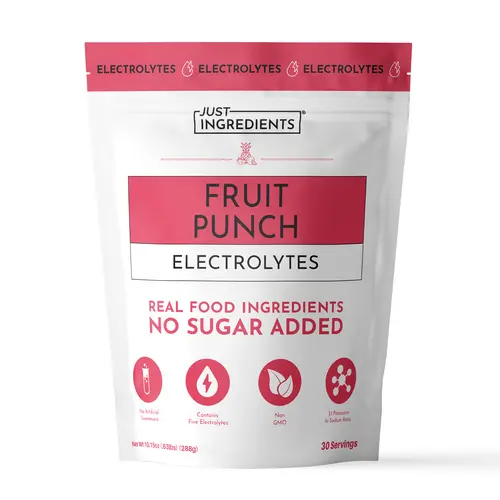 Just Ingredients Fruit Punch Electrolytes - 30 Servings - Supports Daily Hydration, Electrolyte Balance & Muscle Recovery* - 3:1 Potassium-to-Sodium Ratio - Drink Mix - Coconut Water, Sea Salt, Trace Minerals