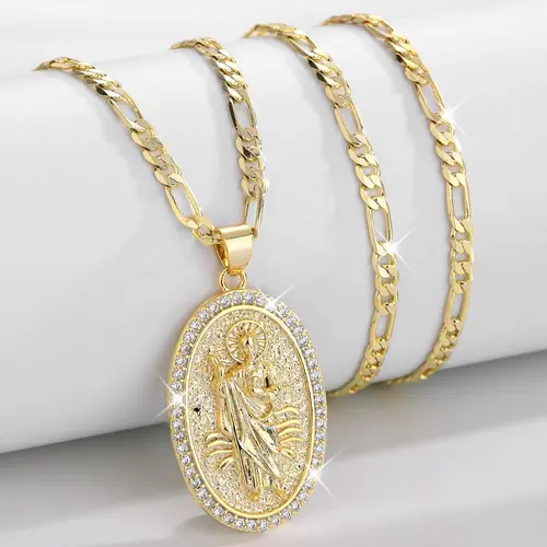 14k Gold Plated St Jude Pendant Necklace, Fashion Religious Chunky Chain Charm Necklace for Party and Daily Wear, Trendy All-Match Exquisite Jewelry Birthday Gift, Faith Pendant, Faith Style Necklaces