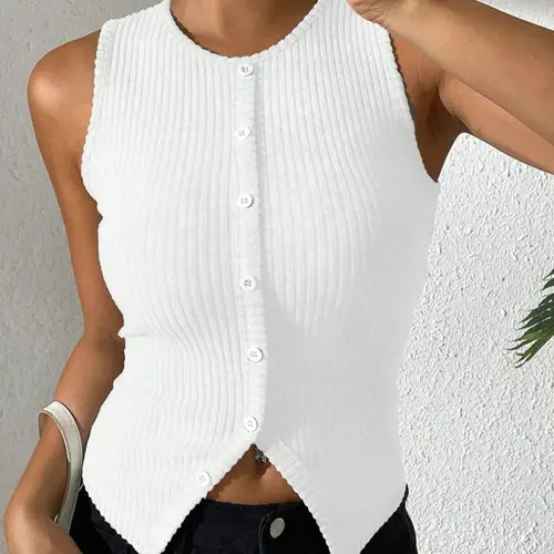 Women's Slim-Fit Knitted Ribbed Tank Top, Solid Color Round Neck Button Down Sleeveless Vest, Split Hem Button Design, Casual All-Season Fashion, Casual Sleeveless Crop