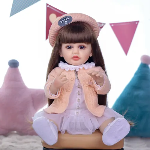 KEIUMI 22-in Full-Body Silicone Reborn Baby Doll - PVC Free, Silicone Safe Lifelike Soft Doll for Girls 3+, with Brown Long Hair, Black Eyes, Coffee Beret Set, White Canvas Shoes, Birthday Gift Ideas,sohochic