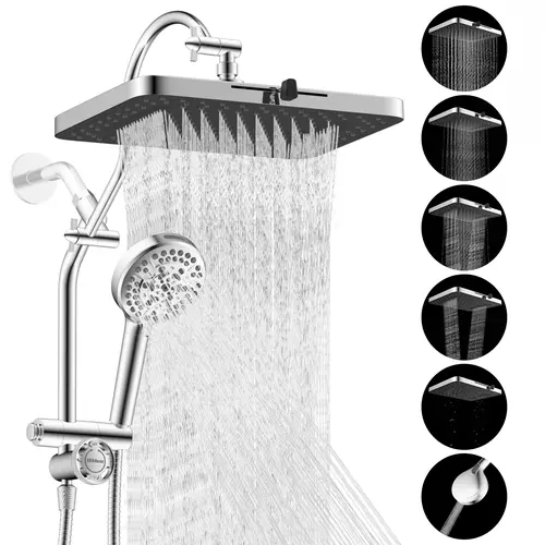 Hibbent Upgraded Chrome Fixed Shower Head Combo - cUPC Certified Shower Equipment with 13'' High Pressure Rainfall, 5-Jet Modern, 10-Mode Handheld, 12'' Extension Arm, 4-Way Diverter, 71'' Hose, Holder, Multi-Spray Adjustable Waterfall, Modern Shower Head