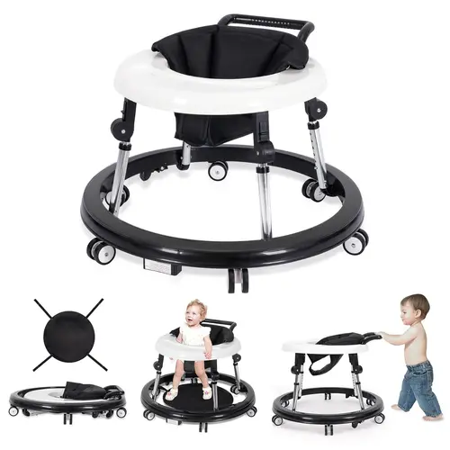 Baby Walker Foldable with 9 Adjustable Heights, Baby Walkers and Activity Center for Boys Girls Babies 7-18 Months, Portable Wheeled Baby Activity Walker