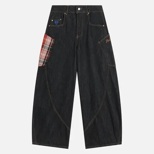 AELFRIC EDEN Unisex Vintage Plaid Patchwork Baggy Barrel Jeans - Menswear Men's Clothing Clothes, Chic Preppy Streetwear Wide Leg Cotton Denim Trousers with Big Pockets, Casual Loose Fashion