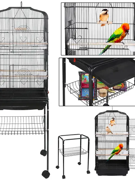 Segawe 59in Iron Bird Cage for Cockatiels - Wrought Iron Frame, Rolling Stand, Arched Door, Feeding Slots, Top Handle, 4 Perch Play Space, Durable Bird Cages for Small Parrots, Parakeet Cage Setup, Pull‑Out Tray