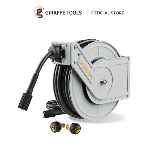 Giraffe Tools Wall/Floor Mounted Retractable Pressure Washer Fixed/Detachable 60&65ft Hose Reel 3200&4000PSI 1/4", Automatic Rewind, Lockable at Any Length, Durable Sturdy Construction, 4 Non-Snag Rollers, 2-Year Warranty for Power Washing Storage