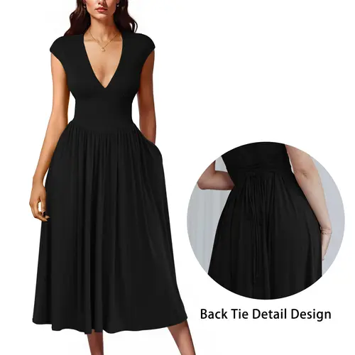 OYS Women's Summer Casual Deep V Neck Cap Sleeve Pleated Swing A Line Midi Dress With Pockets Black Chic