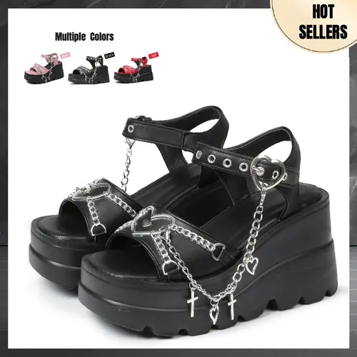 Women's Gothic Punk Vegan Leather Platform Heel Footwear - Sweet Hearts Chain Strap Buckle, Comfortable Square Toe, High Slop Wedges, Black Flatform Sandals Women, Casual Wear, Summer Vacation Outfits,sohochic