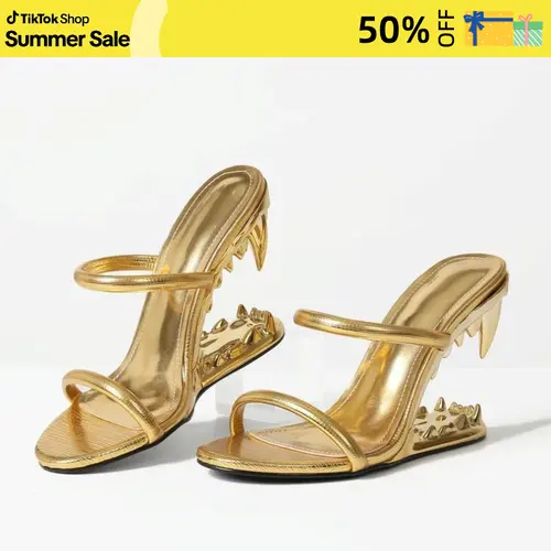 Women Open Toe Slip On High Heels Slippers Tiger Teeth  Shark Teeth Pumps Chunky Heels Dressy Sandals,sohochic