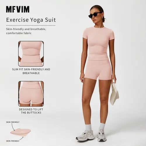 Women's Solid Ribbed Crop Tee & High Waist Skinny Shorts Set, Sporty Breathable Quick Drying for Yoga Gym Workout Running, Activewear, Athletic Tracksuit, Ladies Sportswear for All Seasons,back to school,back to school haul,sohochic