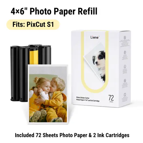 Liene PixCut S1 4x6" Dye Sublimation Photo Paper & Printer Accessories Kit - 2 Ink Refills Kit, 72 Paper Sheets, Glossy Photo Shine, Water & Oxidation-Proof, Print-Ready, Exclusive for PixCut S1, Paper Sheet Printer Accessories