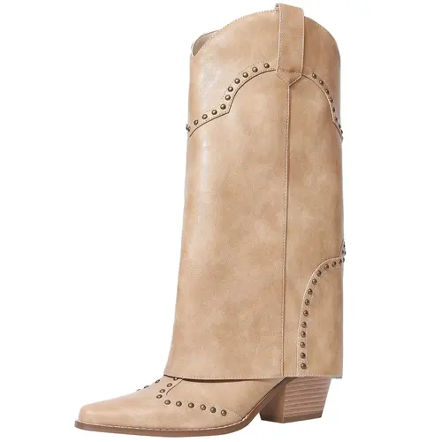 RONILURN Women's Fold-Over Mid-Calf Chunky Heel Snip-Toe Studded Pull-On Cowboy Boots - Beige Fashion Shoe with Stylish Design, Casual Women's Shoes for Heels Lovers,sohochic