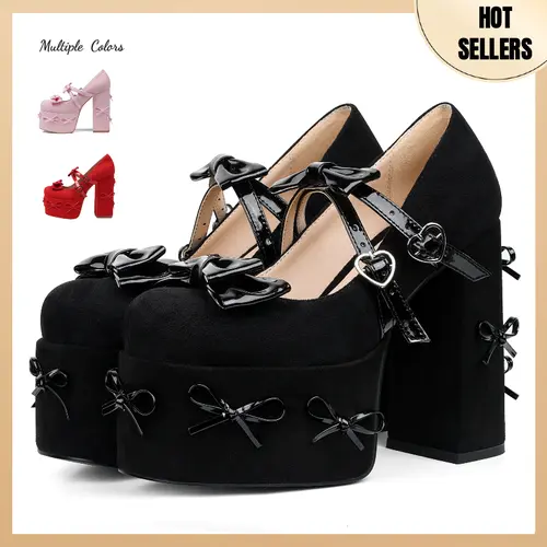 AOSPHIRAYLIAN Women's Suede Mary Janes Shoes - Stylish Chunky High Heels with Bow Buckle, Platform Goth Party Gladiator Dress Uniform Oxfords,sohochic