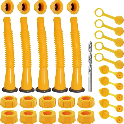 Leak-Proof Gas Can Nozzle Replacement Set - 5 Yellow Flexible Pour Spouts (1/2/5/10 Gal), Screw Collar Caps, Spout Covers, Base Caps, Coarse Thread Drill Bit, Rubber Gasket for Motorcycle Owners, Refueling Cars