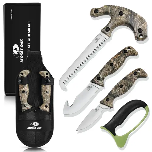 #toolupgrade MOSSY OAK Field Dressing Kit, 4-Pack Knife Set with Sheath, Gut-Hook Skinner, Caping Knife, Wood/Bone Saw, Knife Sharpener, for Deer , Camping, Perfect Hunting Gifts for Men
