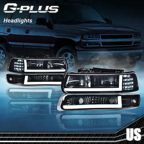 G-PLUS Headlights for 1999-2002 Chevy Silverado/2000-2006 Tahoe LED DRL Bar Headlights & Bumper Lamps Front LED DRL Headlight Assembly 2Pcs Black (Left+Right),car accessories,toolupgrade