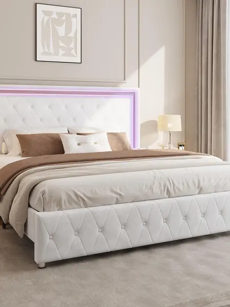 AMERLIFE Modern Bed Frame with RGB LED Lights, Adjustable Headboard Velvet Button Tufted/Acrylic Mirror Accents/Smart APP&Remote Control/No Box Spring Needed/Furniture Room/Full/Queen Size/Best Gift Ideas/Christmas Gifts[tiktokshopbacktoschool][SohoChic]