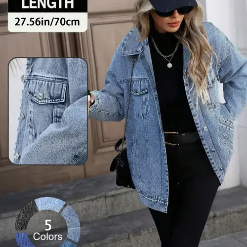 Women's Denim Loose Fit Jacket, Basic Casual Street Fashion Long Sleeve Outerwear for Daily Wear, Casual Style Outerwear, Ladies Clothes for All Seasons, Coats, Womenswear, Streetwear