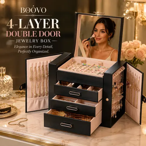 BOOVO 4-Tier Large Jewelry Box Organizer with Double Side Doors & Mirror, Anti-Tarnish Velvet Lining, Multi-Compartment Design, Minimalist PU Leather Jewelry Case, Light Luxury Gift for Her（Black）
