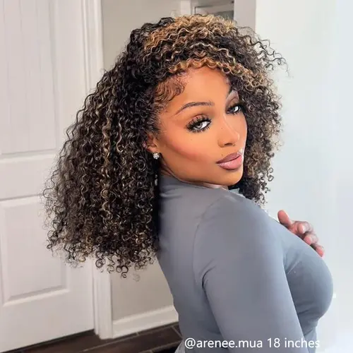 ISEE HAIR Glueless Human Hair Half Wig - Highlight Brown Kinky Curly, InvisiFit Strap Invisible Drawstring Flip Over, Knotless Braided Wig,Adjustable Fit, Seamless Hairline, Beginner Friendly, Vacation Summer Use#SoHoChic #TikTokShopBackToSchool