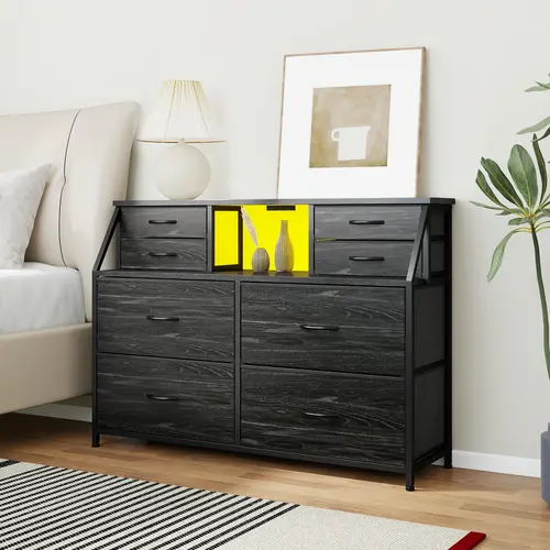 【Small Space Solution】8 Drawers LED Mini Vanity Dresser for Bedroom,Bedside Storage Cabinet,Dorm & Attic's Dresser with Built-In Charging Station,Sturdy Chest of Drawers,Hides all your clutter to keep you organized, Essential for Small Apartments,Black
