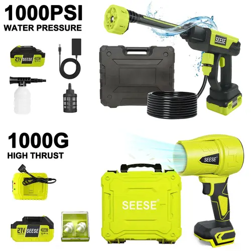 SEESE 21V Cordless Car Cleaning Kit with 1000 PSI Pressure Washer & 1000G Turbo Leaf Blower | Portable Power Washer and Air Duster for Car Washing, Drying, Patio & Garden | Fathers Day Gift