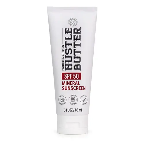 Hustle Butter Tattoo Sunscreen - Mineral Sunscreen Lotion, SPF 50, TSA-Friendly, Water Resistant, 3 oz