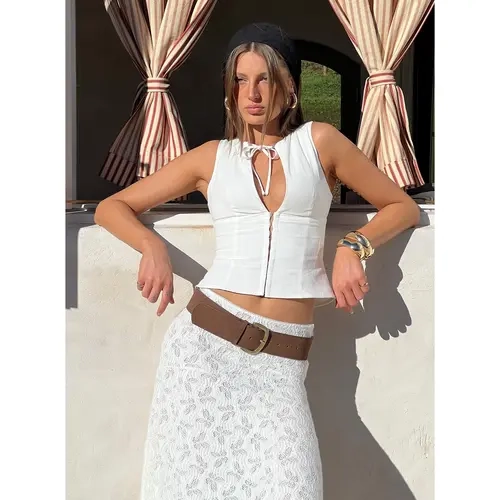 Alissea Keyhole Linen Blend Top White
