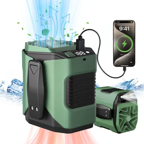 PADOX Multifunctional Waist Cooling Fan - Adjustable Wearable USB & Mobile Fan, Hands-Free Waist Clip, 5000mAh Rechargeable Battery-Powered Wireless Unit, 10-Speed 5300RPM Turbo, LED Light, USB Port, Up to 8H Runtime, Outdoor Gadgets for Camping